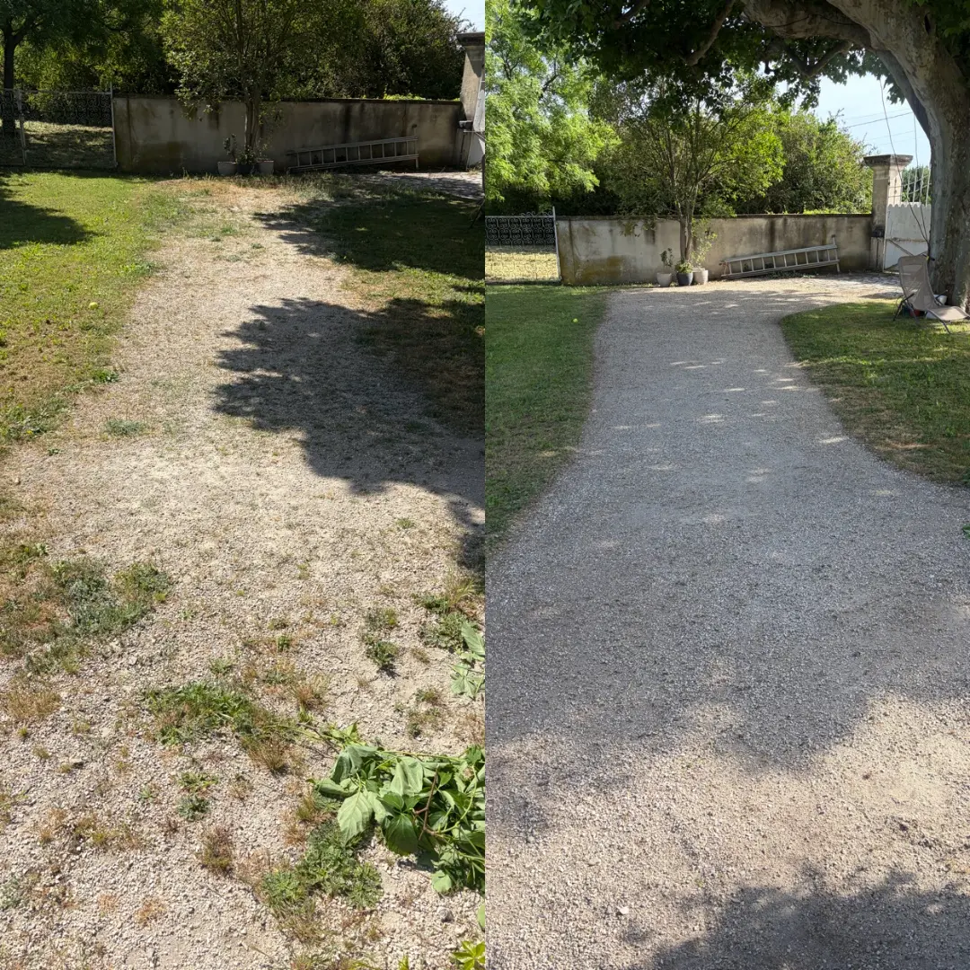 Avant et après le désherbage complet d’une allée en gravier