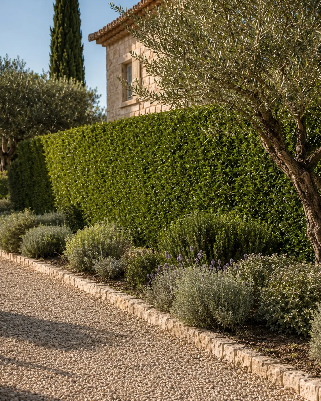 Jardin provençal soigné avec une haie taillée, des oliviers et des lavandes